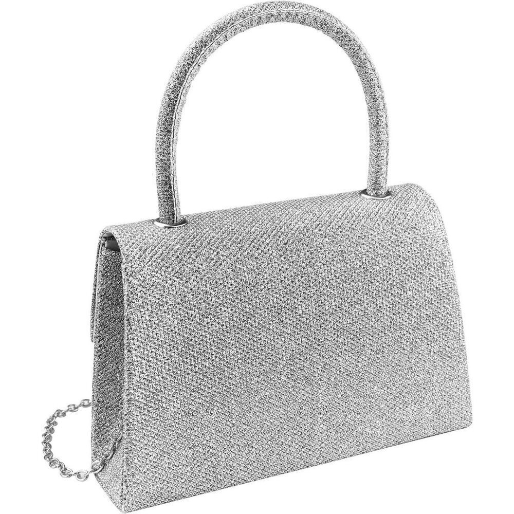 🆕Women Silver Leather Evening Clutch Purse with Detachable Chain, Crossbody